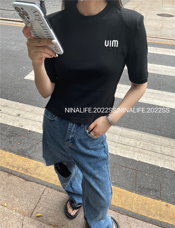 Original price 55.27! New in early summer! [Nina life] slit shoulder pad letter short sleeve T-shirt 3929# zxl