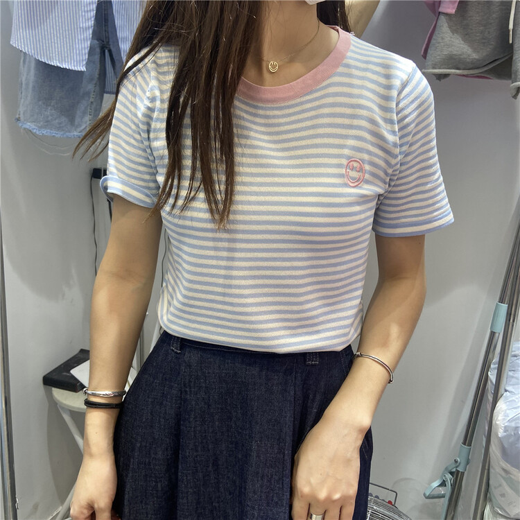 [an studio] striped loose embroidery short sleeve T-shirt 6638# L