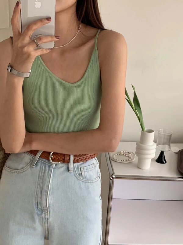 New in early summer! [on line] ice silk design, irregular shoulder strap, hole strip, thin knitted vest / suspender 99056# lwy