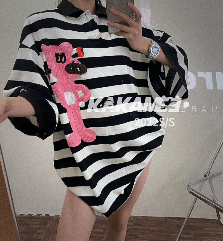 [kakamee] fashion stripe versatile polo shirt s372# LSL