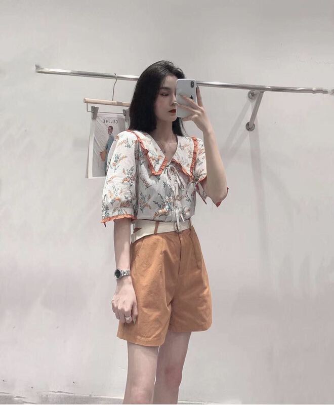 Original price 47.37! [I-D] Korean broken flower versatile doll collar shirt ys9287# L