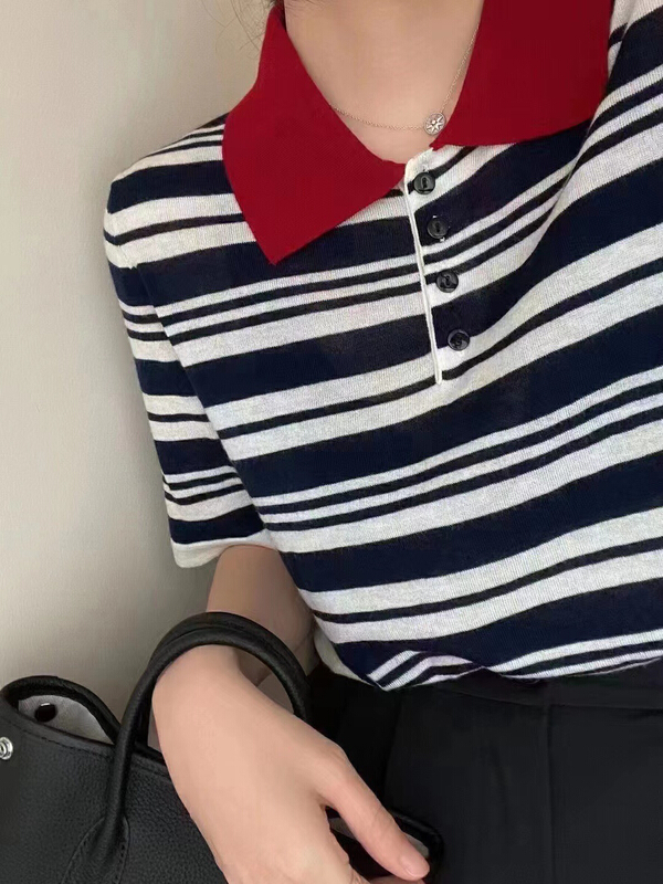 New in early summer! [Zoe Zoe] Korean Stripe Polo Neck Shirt j01# L