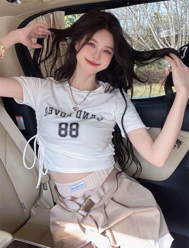 goods in stock! [fan fan] Korean careful machine letter drawstring short shirt 1158# JJ