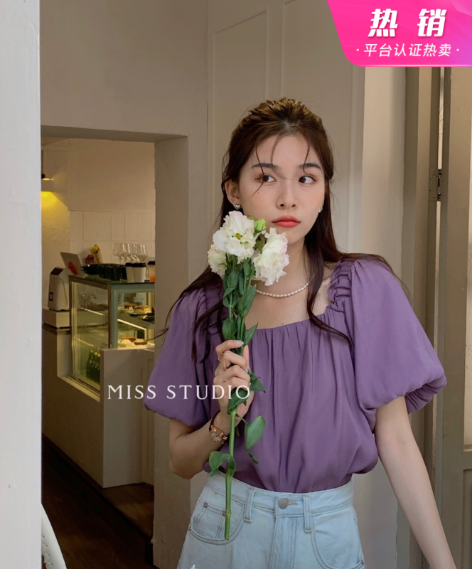 New in early summer! [miss miss miss home] fashionable and versatile one shoulder Lantern Sleeve Blouse f2229# zjy