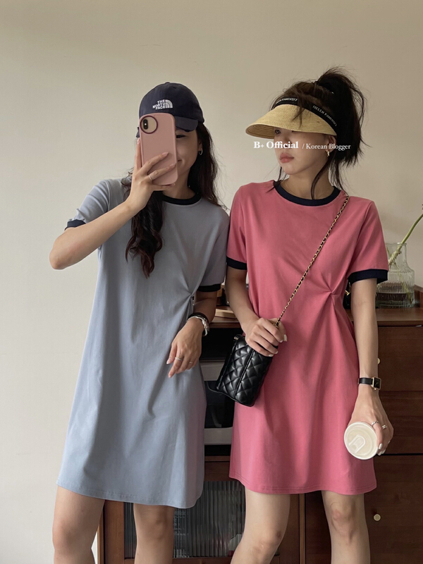 New in early summer! [B plus] Korean version age reducing color contrast edge round neck kink design dress 22-9188-2# HBx