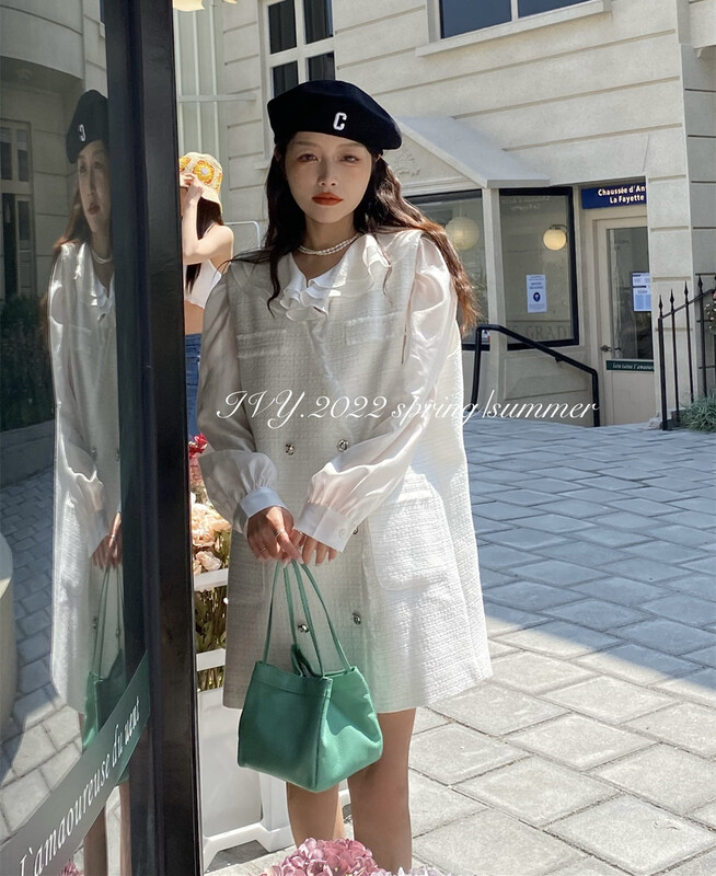 Original price 186.12! New year in early spring! [Ivy] lotus leaf collar aging shirt + Korean V-neck dress suit 88109# XJ