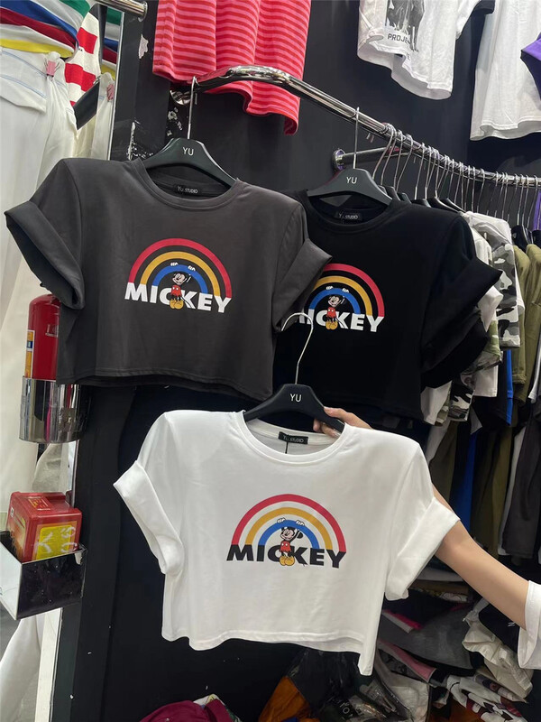 [Yu] Mickey rainbow print shoulder pad short sleeved T-shirt 12312# cqw
