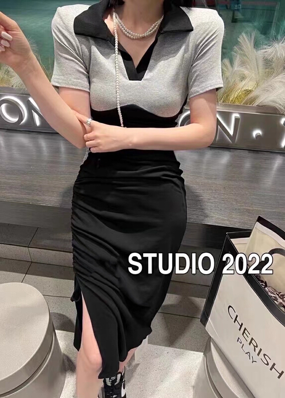 New in early summer! [Hello] Korean slim and slim contrast drawstring dress ys6305# lwy