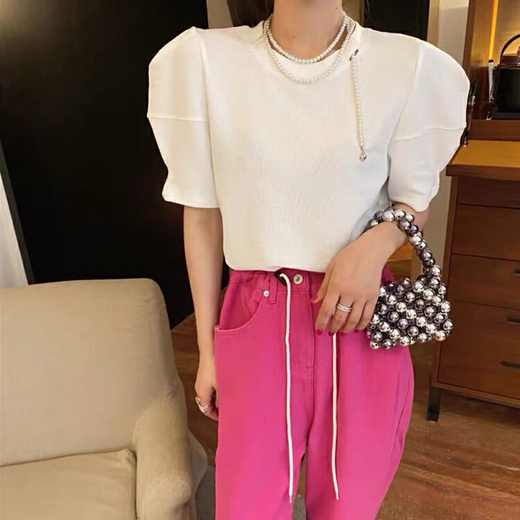 New in early summer! [Hello cherry] Vintage bubble sleeve pearl chain design blouse (with pearl chain) 5670# WTT