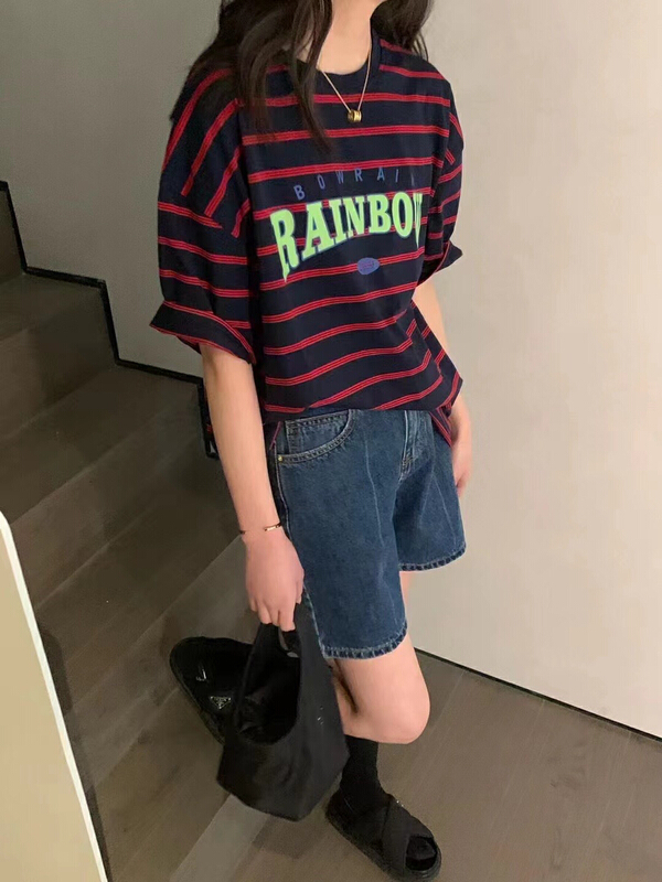 Original price 41.73! [path home] casual letter stripe short sleeve T-shirt 80516# WTT