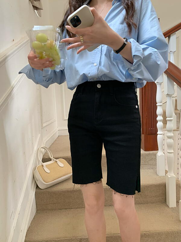 New in early summer! [meet me] elastic slits show thin, five point trousers, denim shorts 61222# ll