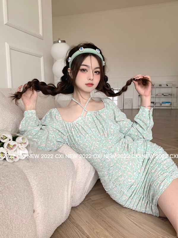 goods in stock! New year in early spring! [CXI] pure desire square neck bubble sleeve slim sexy hip wrap floral dress a9019# WPL