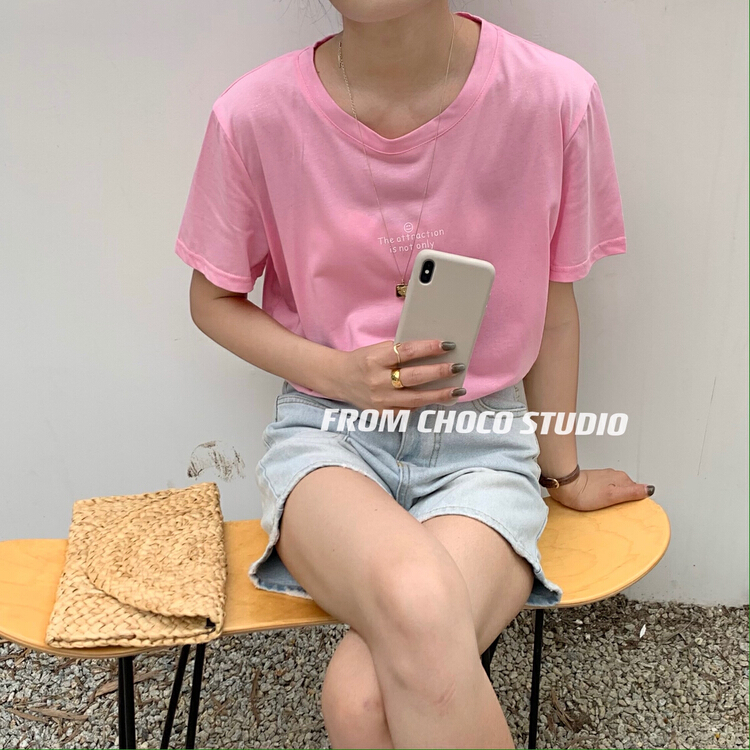 [choco] Pullover simple letter short sleeve T-shirt t7039# HBx