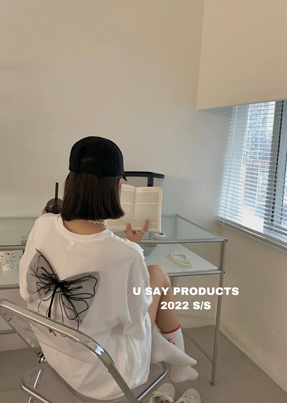 [u say] loose lace bow design Short Sleeve T-shirt 66069# LSL