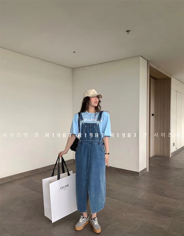 [r1987] Korean aging denim suspender skirt (excluding inner skirt) 5128# zjy
