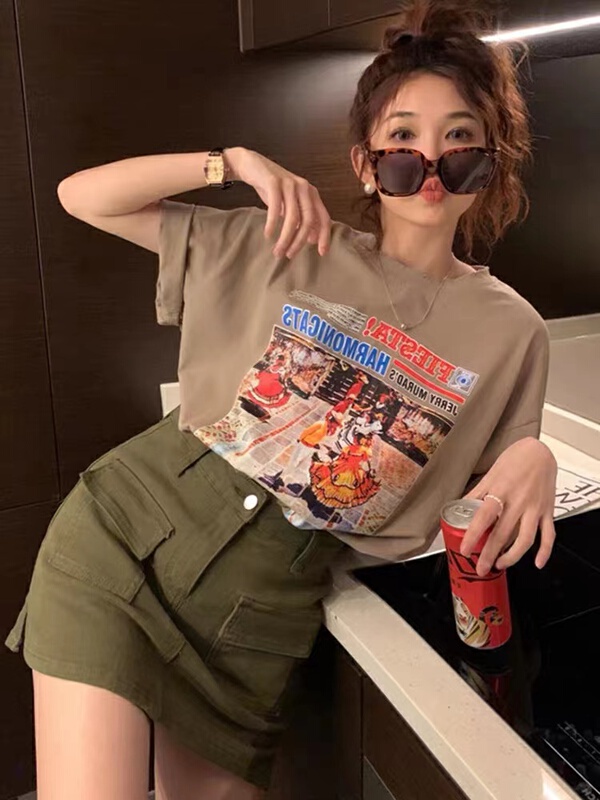 New in early summer! [Wo / men] crew neck printed short sleeve T-shirt + slim skirt two piece suit 2157# zxl