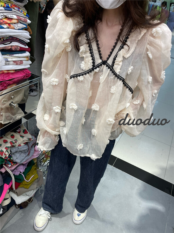 [dodo] V-neck color blocking age reducing shirt ys3-908# LSL