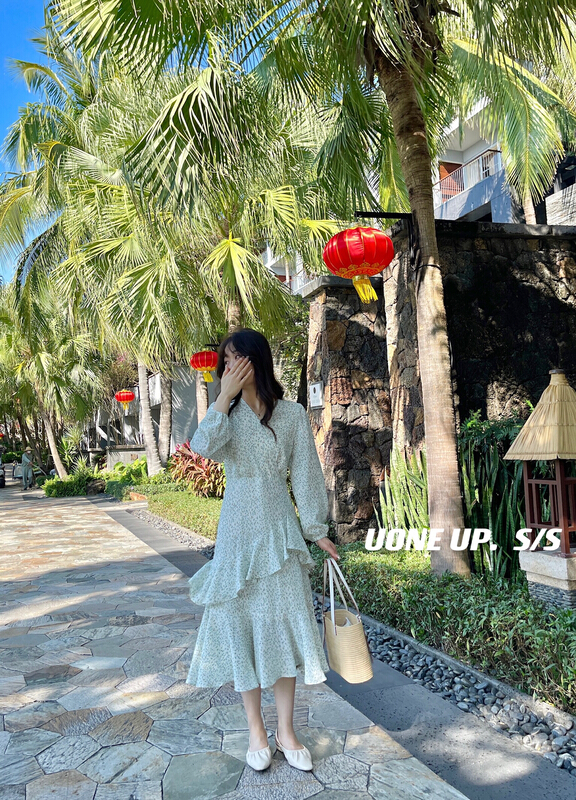 早春上新!【UONE】氣質女人味大荷葉連衣裙  98258#  LSL