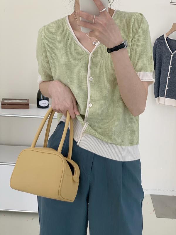 New in early summer! [city light] temperament style contrast V-neck single breasted slim sweater sy2299# XJ