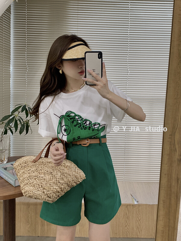 goods in stock! [y.jia Yijia] small three-dimensional sole short sleeve T-shirt + loose casual shorts two-piece suit (with belt) ys2-9995# PCZ