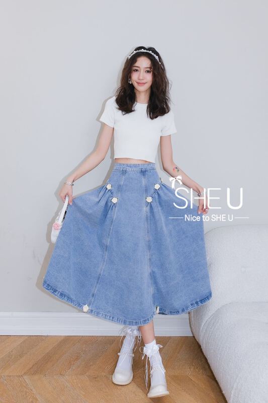 [she u] Hepburn style small flower decorative denim skirt c80585# cqw