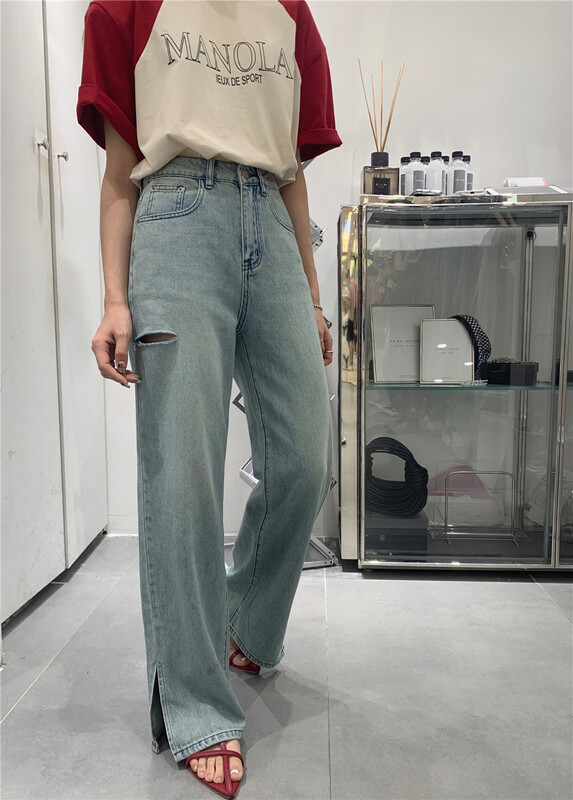 [t-platform] Korean style hole breaking straight jeans 8380# zxx