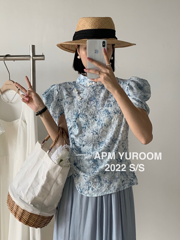 [APM yuroom] Vintage National Style Floral bubble sleeve shirt 22218# LSL