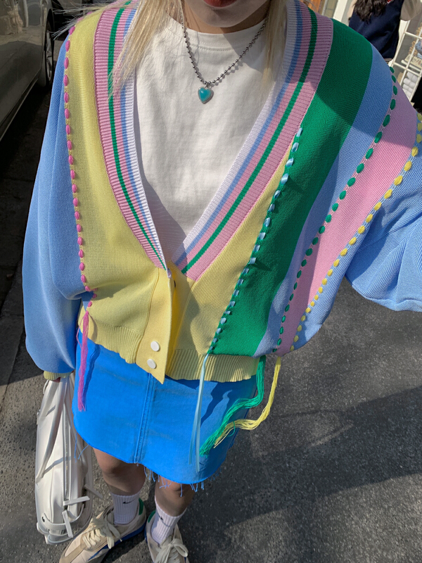 Original price 107.99! New year in early spring! [attitude] evergreen pop color blocked knitted cardigan 6a191# XYJ
