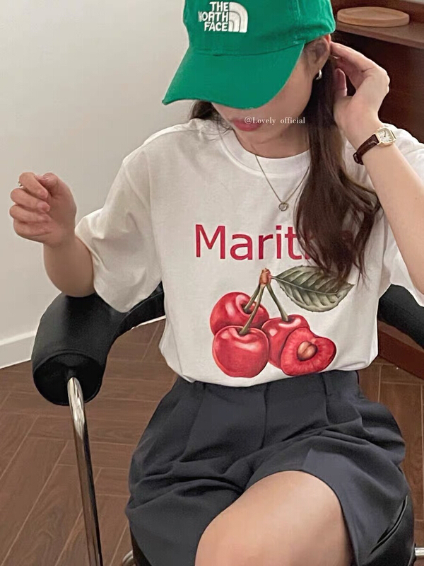 New in early summer! [Yuanxi · elements] Korean cherry personalized printed short sleeve T-shirt 1847# WTT