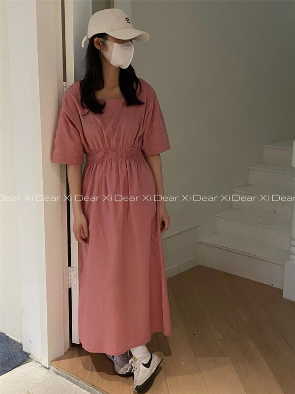 [far. Xi] square neck waist plain dress 1092# LSW