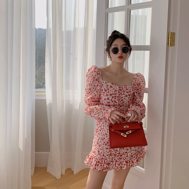 goods in stock! [savage] Korean sexy square neck pleated waist with slim waist high waist floral dress e6029# jhy