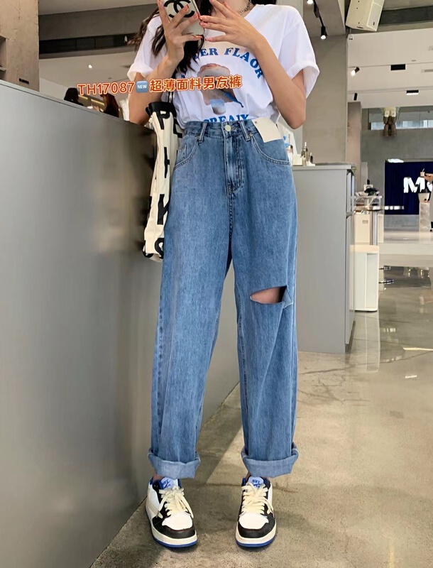 [T.H] loose and simple boyfriend jeans with holes 17087# LSW