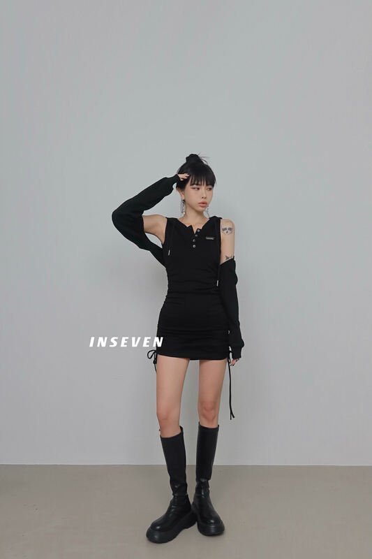 goods in stock! New year in early spring! [inseven] niche design shawl + drawstring slim Hooded Vest skirt suit 26177# ozq