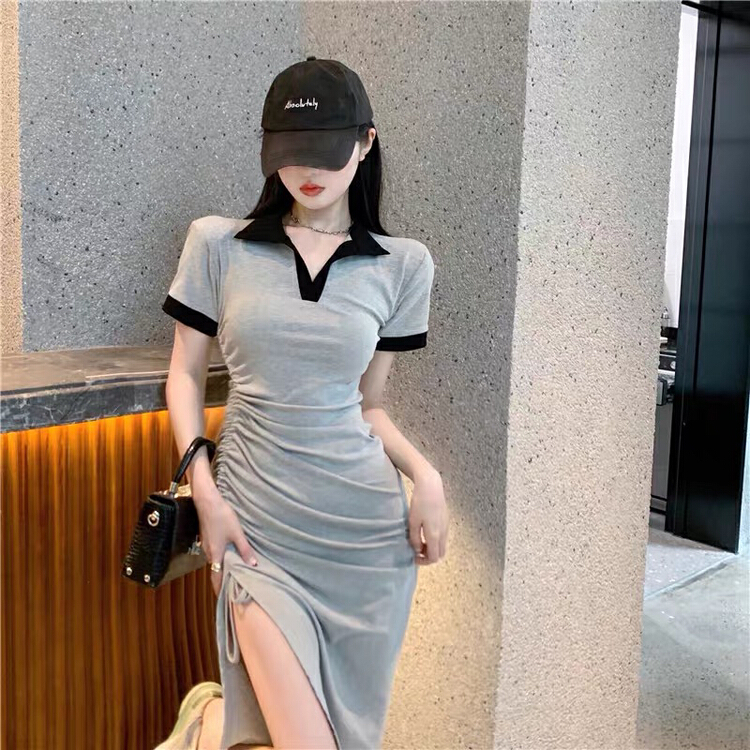 [Hb] Korean color blocking Lapel drawstring slim fitting dress 8222# PCZ