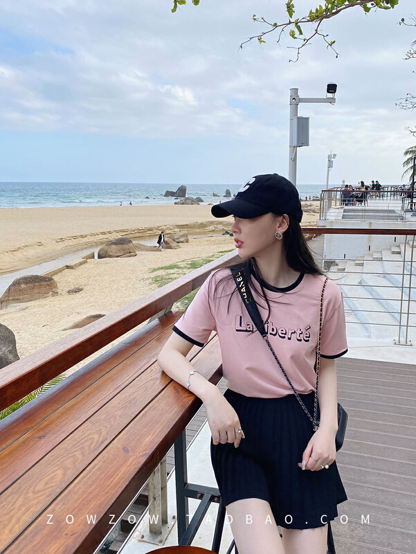[wgwe] Hong Kong style contrast letter printed short sleeve T-shirt 1624# PCZ