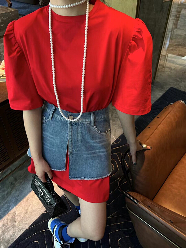 New in early summer! [keen k] Korean fashion bubble sleeve T-shirt dress (with waist seal) (excluding matching) tz41# WTT