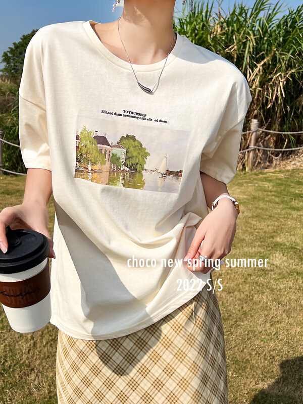 New year in early spring! [choco] Korean style Pullover oil painting printing short sleeve T-shirt 8123# LSW