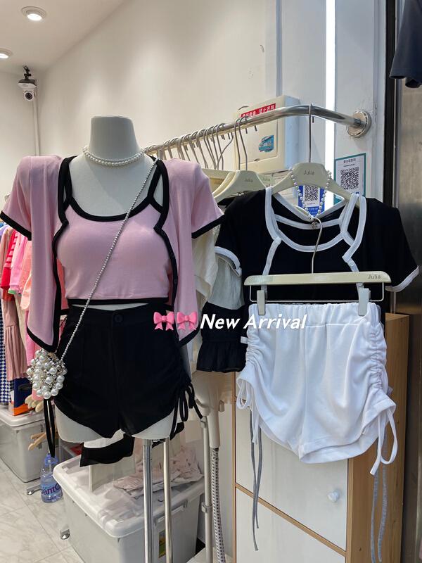 [Julia] Korean style fashion color contrast Vest + short sleeve versatile cardigan suit ys1-976# PCZ
