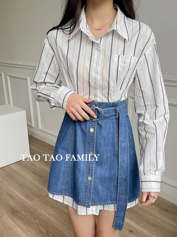 New year in early spring! [Taotao family] stripe collage denim fake two-piece dress (with belt) 3335# lwy