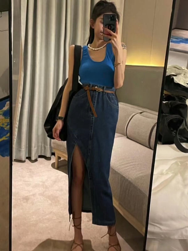 [kakajia] retro irregular split cut denim skirt (with belt) 9115# ozq