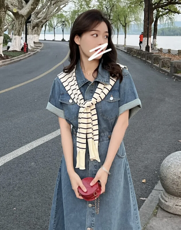 [JH] Korean simple wash denim dress (with shawl) 41609# PCZ