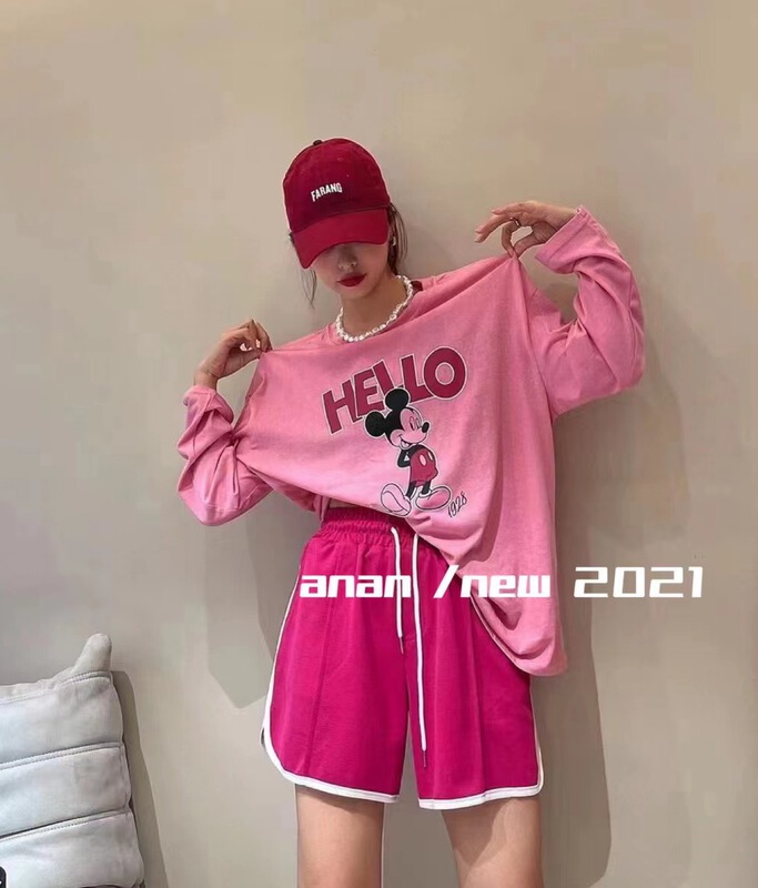 [Anan] Korean cartoon printed long sleeved T-shirt + lace up versatile Shorts Set 2113# WTT