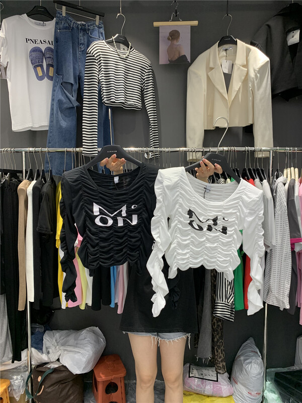[ajroom] personalized letter pleated slim fit short long sleeve T-shirt 3338# cqw