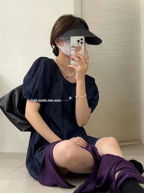 [gill] Korean round neck bubble sleeve denim dress 1036# zjy