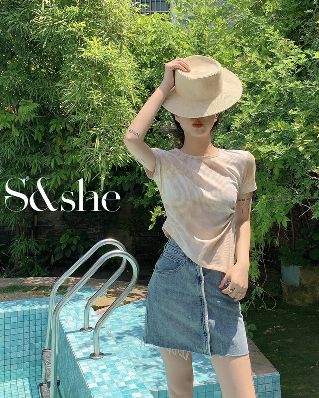 [S & she] ink painting drawstring diagonal short sleeve T-shirt 1196a# XJ