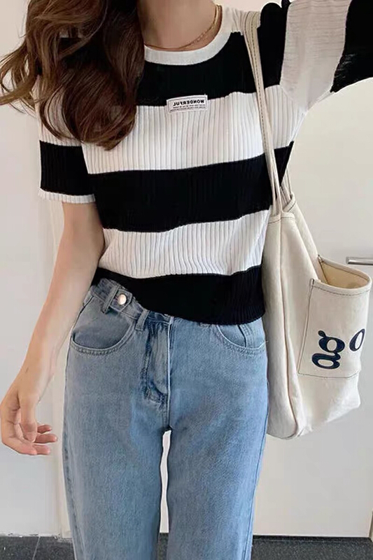 [huole] autumn and summer 2022 new color blocking label striped ice silk sweater 315# WTT
