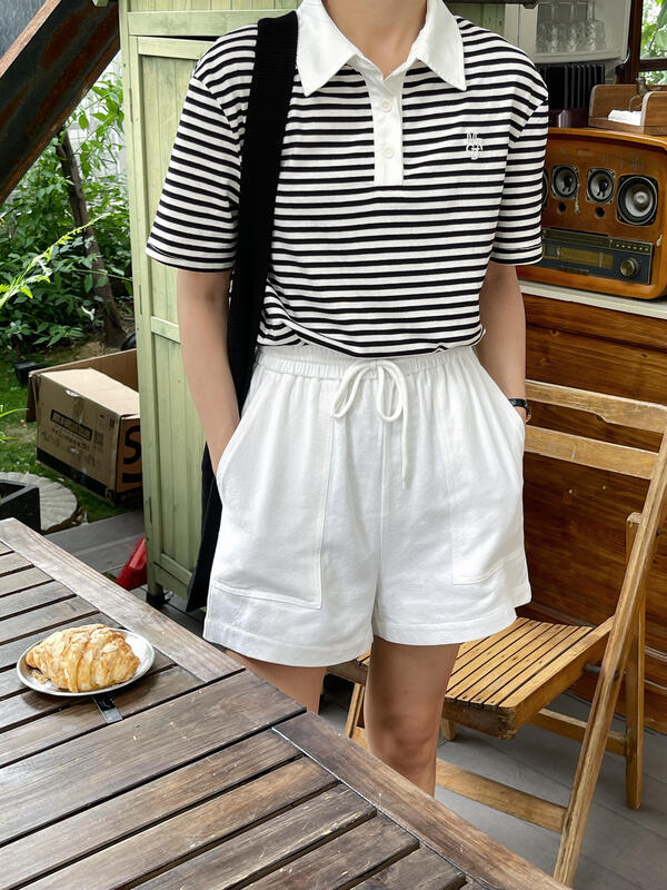 [ever true] Korean stripe letter embroidered polo collar short sleeve T-shirt 31439# CLS
