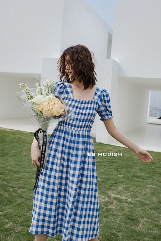 [es modish] fairy style high waist Plaid Dress ops1617# XYJ