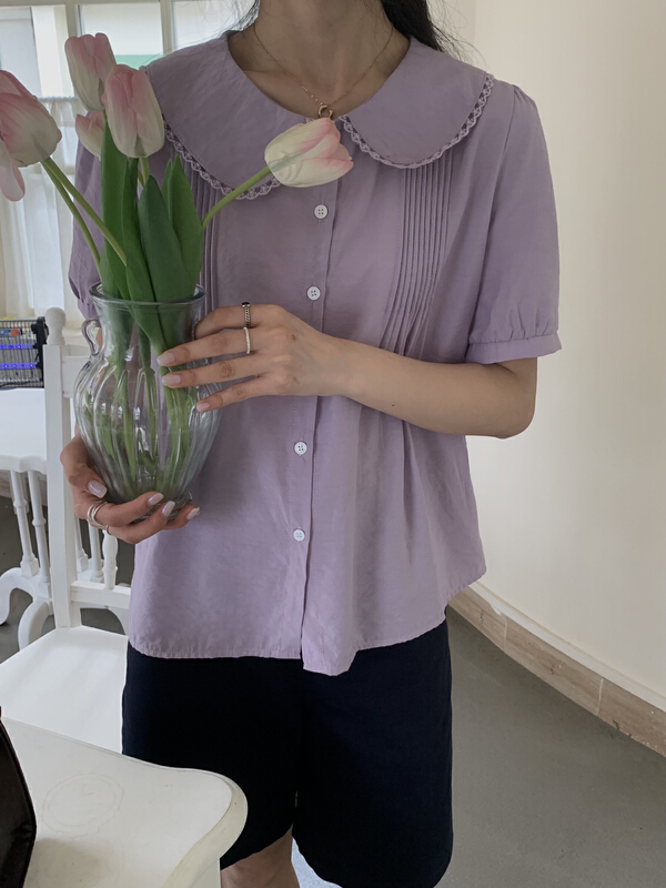 New in early summer! [forming-z] simple temperament lace Lapel pleated blouse 96078# zxl