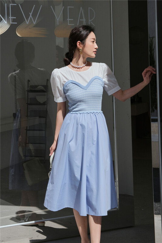 goods in stock! New in early summer! [Ziyuan] Korean waistband stitching design bubble sleeve dress 8637# zxx